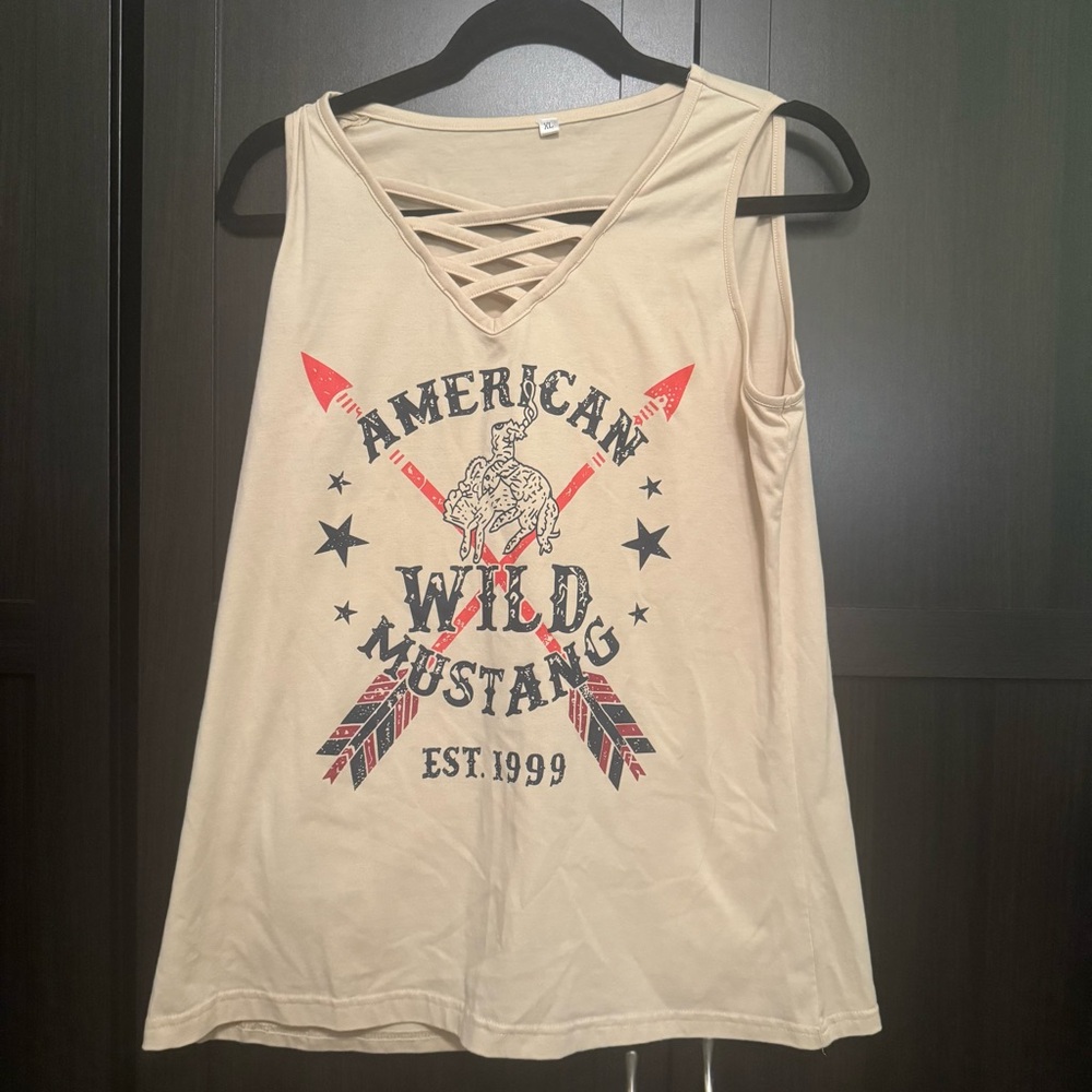 Wild Mustang Beige Graphic Tank Top